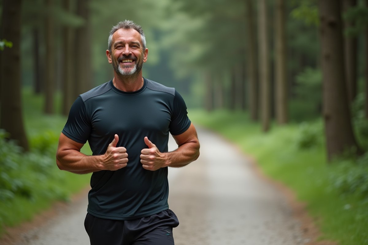 Homme en course dans un sentier forestier verdoyant