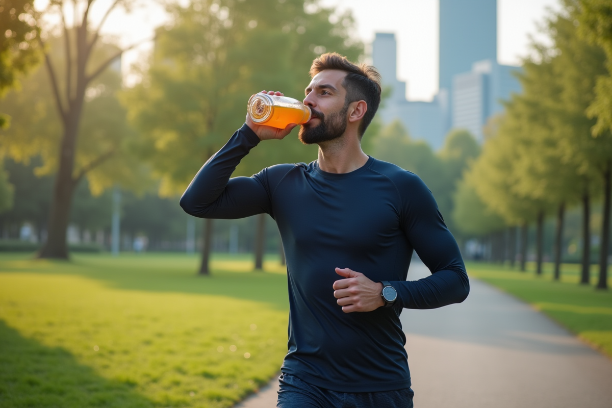 Homme en course dans un parc avec bouteille d infusion