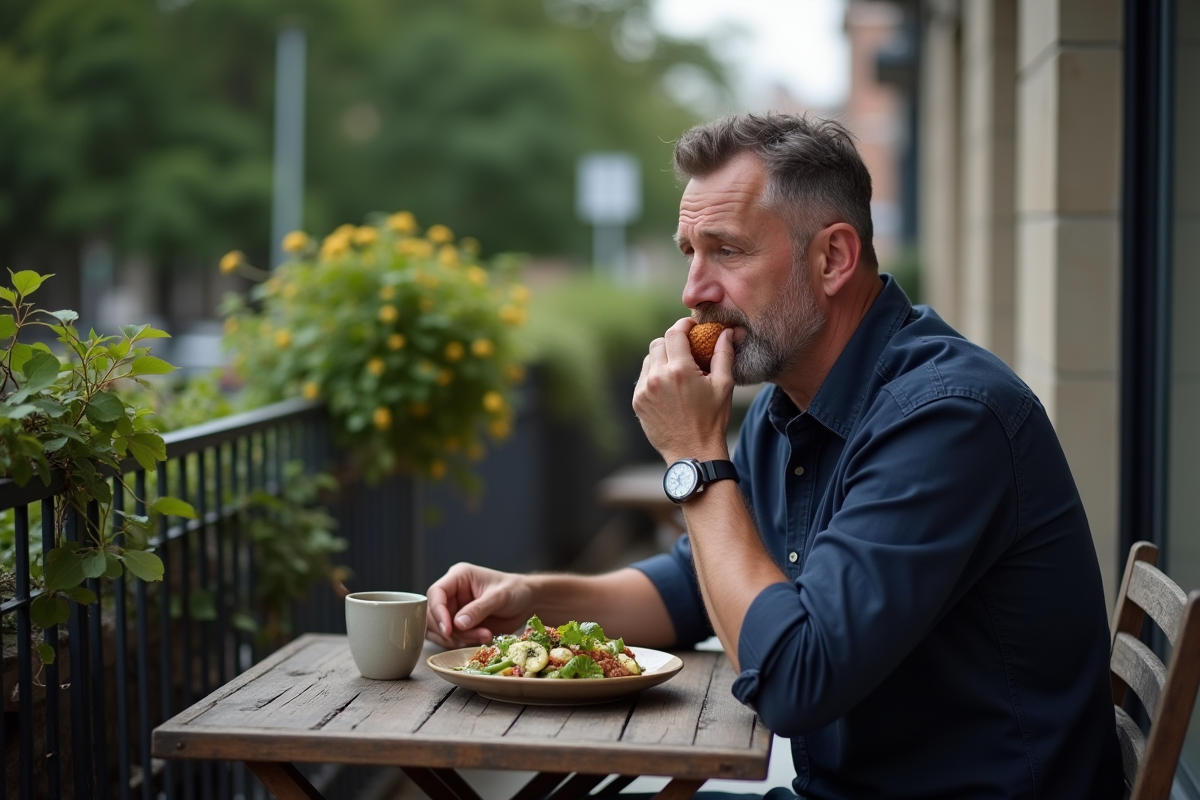 Homme dégustant une salade sur un balcon en ville