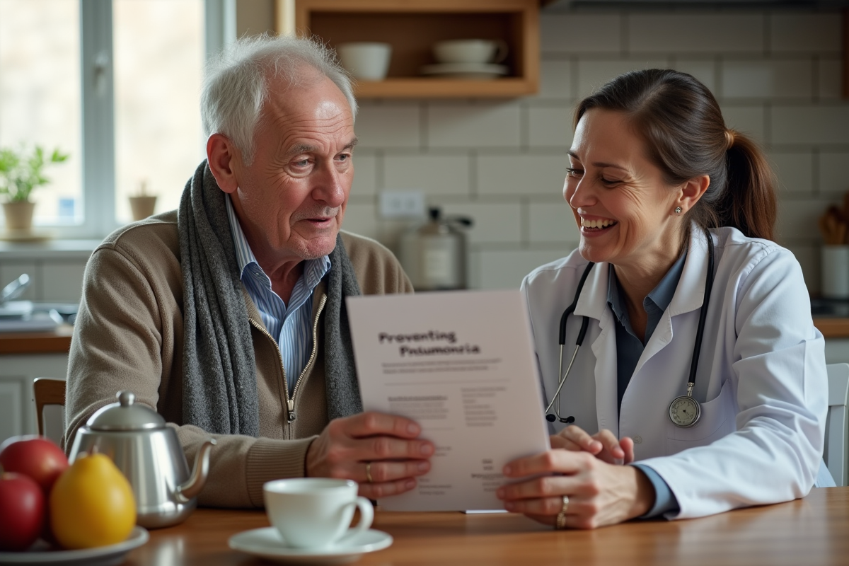 Homme âgé écoutant un professionnel de santé à la table