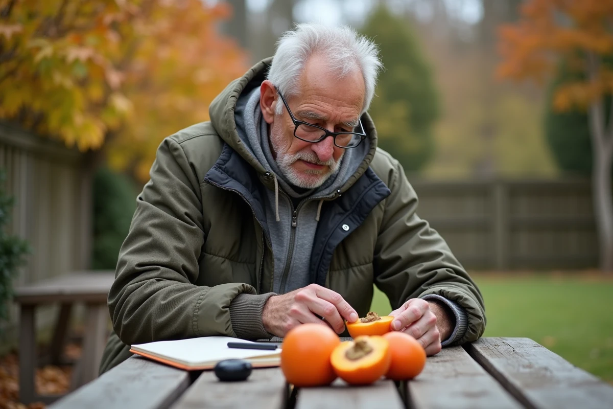Homme âgé regardant un persimmon tranché en plein air