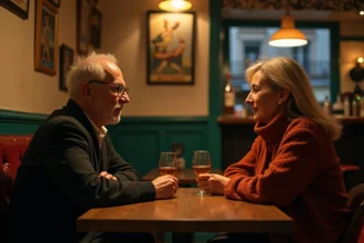 Un homme et une femme d'âge moyen comparant leurs verres de pastis dans un café français, illustrant les différences de consommation d'alcool entre les sexes