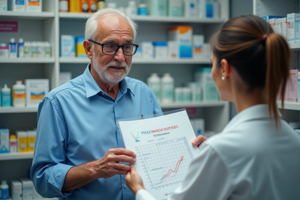 Homme français discutant de sa pression avec un pharmacien