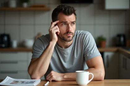 Homme inquiet en cuisine se touchant la joue