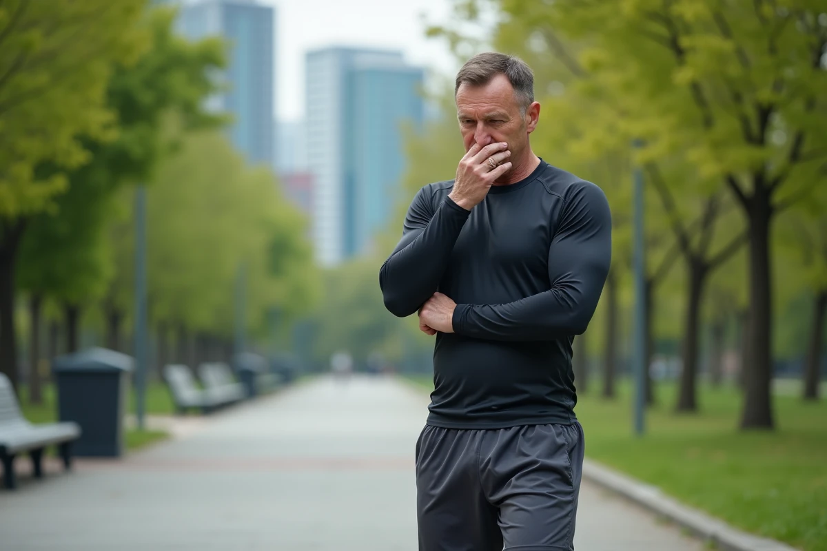 Homme en jogging se couvre la bouche dans un parc urbain