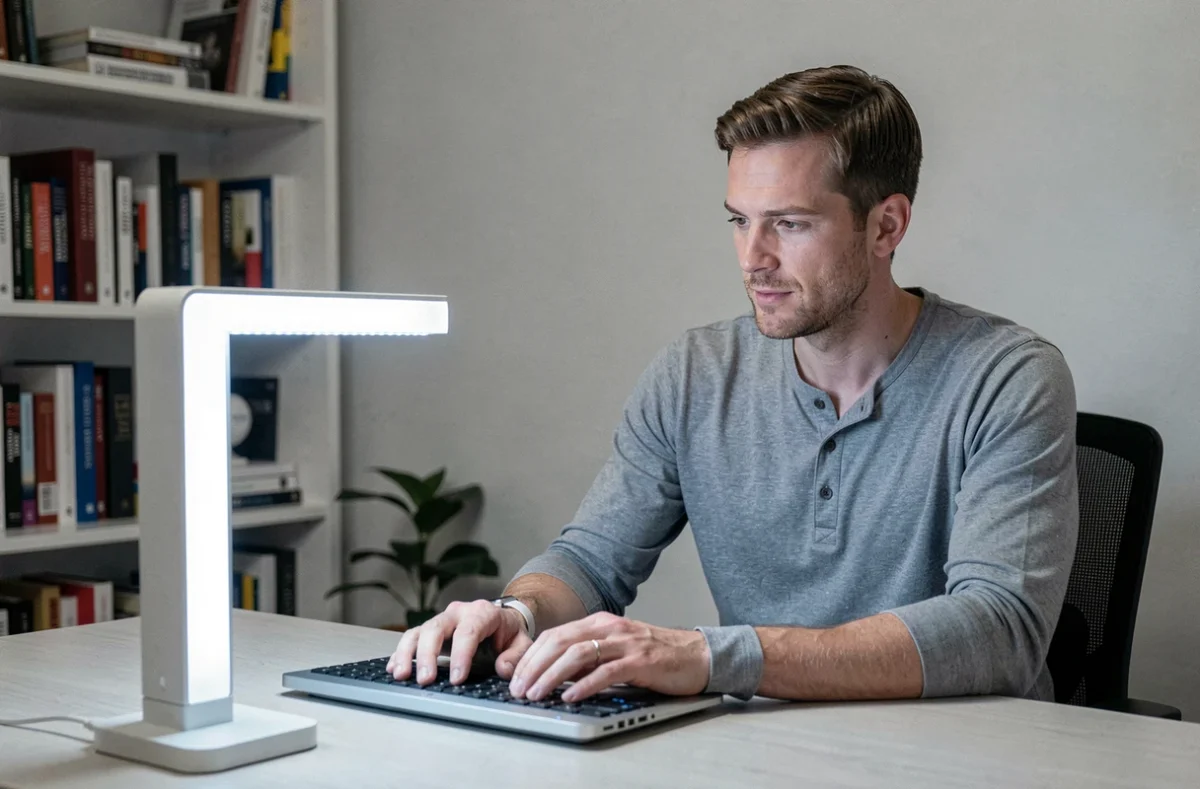 Homme au bureau à domicile travaillant sur un ordinateur portable avec une lampe de luminothérapie posée sur le bureau