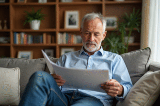 Homme d'âge moyen lisant un pamphlet médical dans son salon