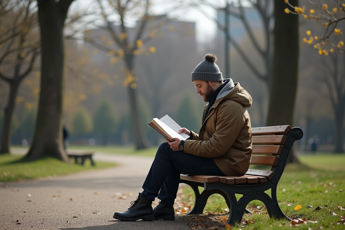 Jeune homme lisant dans un parc au printemps