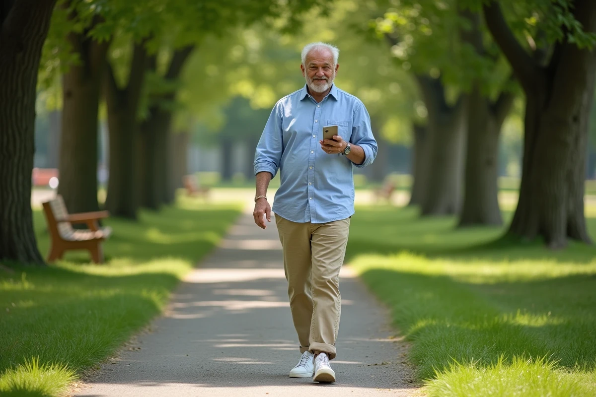 Homme d'âge mûr se promenant dans un parc en consultant une application de comptage de pas sur son téléphone