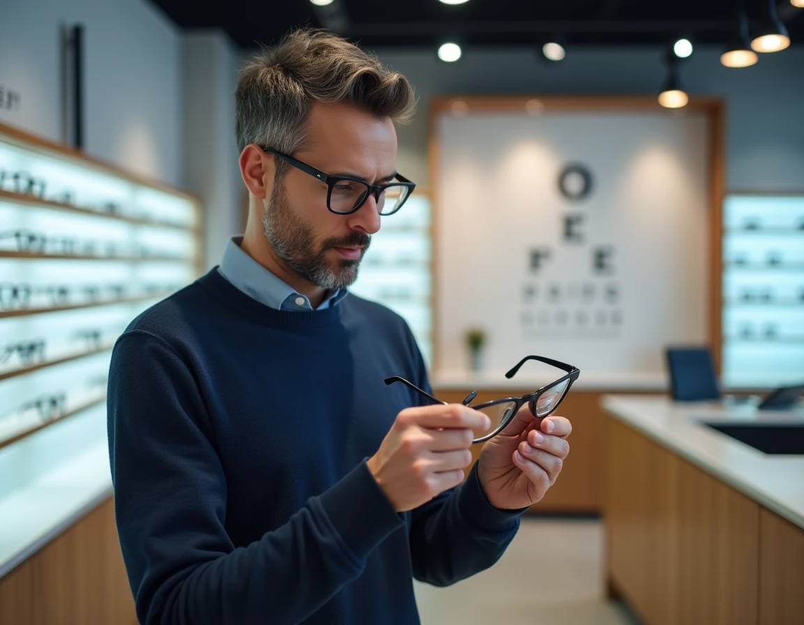 Homme choisissant des lunettes dans un magasin d'optique, illustrant l'optimisation des remboursements optique avec une mutuelle santé comme NoveoCare