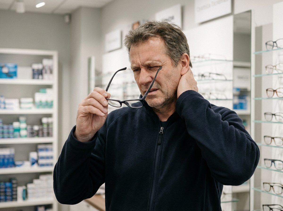 Homme en optique tenant ses lunettes avec une tension cervicale visible et une expression d'inconfort