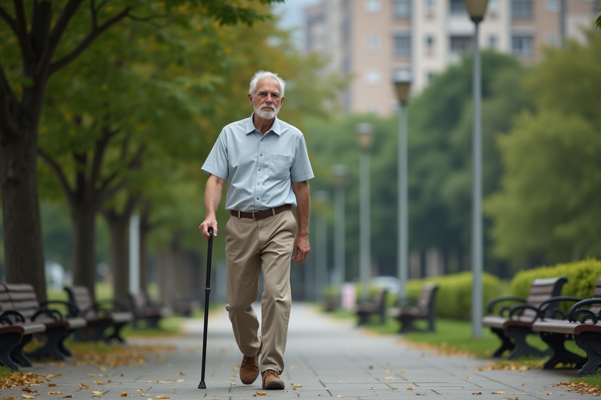 Homme d age moyen marchant dans un parc urbain avec une canne