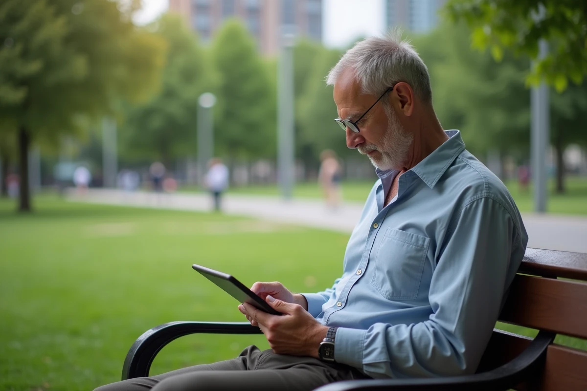 Homme lisant une tablette dans un parc urbain calme