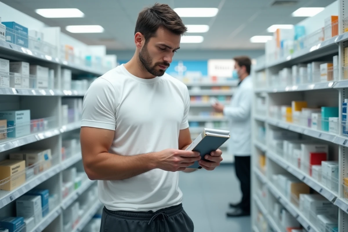Homme en pharmacie lisant attentivement l'étiquette d'un traitement topique contre les troubles anorectaux
