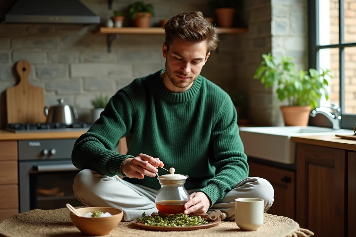 Homme préparant du thé aux herbes dans une cuisine chaleureuse
