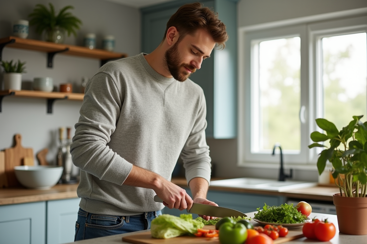 Jeune homme préparant une salade dans une cuisine moderne
