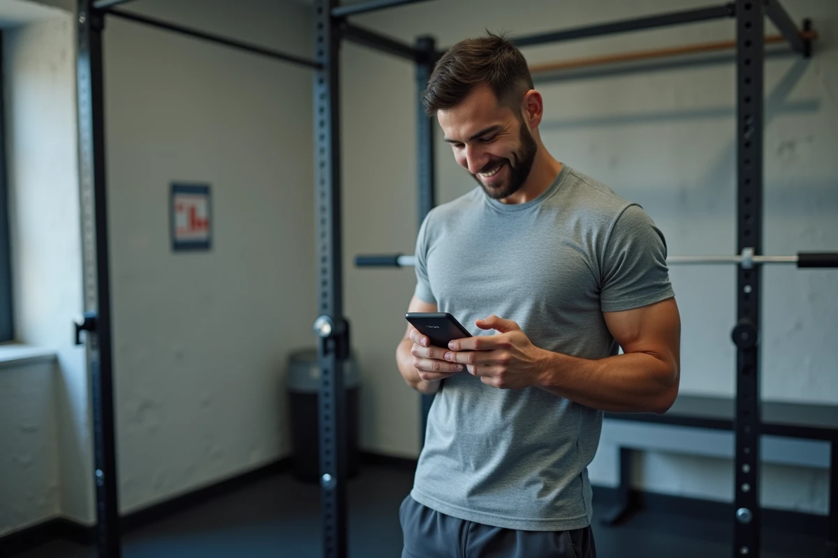 Homme consultant ses résultats de progression sportive sur smartphone après 30 jours de méthode Power 1000