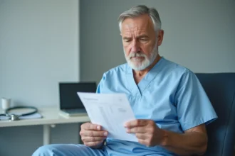 Homme d'âge mûr consultant ses résultats de prise de sang dans un cabinet médical, illustrant le dosage de la gamma-glutamyl transférase liée à la consommation d'alcool