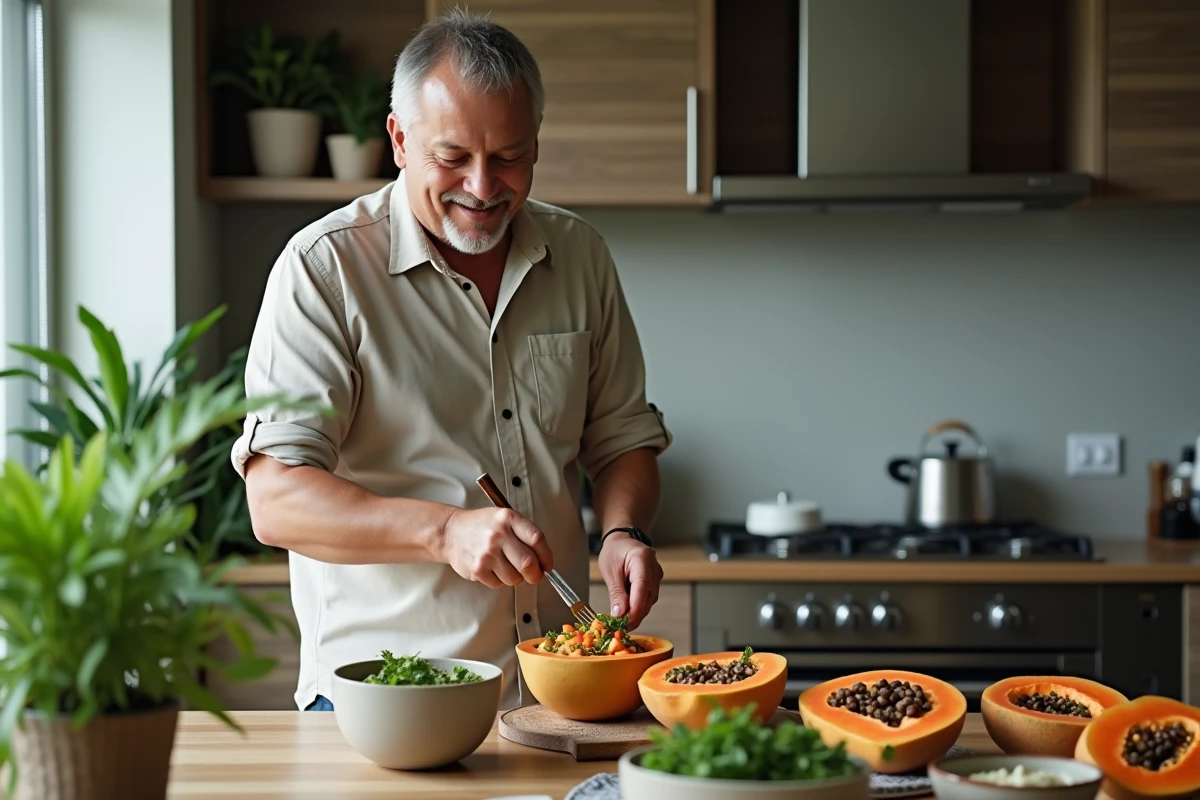 Homme servant une salade de papaye dans une cuisine moderne