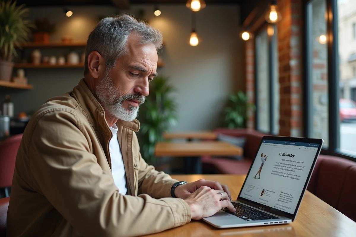 Homme consultant un site de santé et bien-être mental sur son ordinateur dans un café urbain