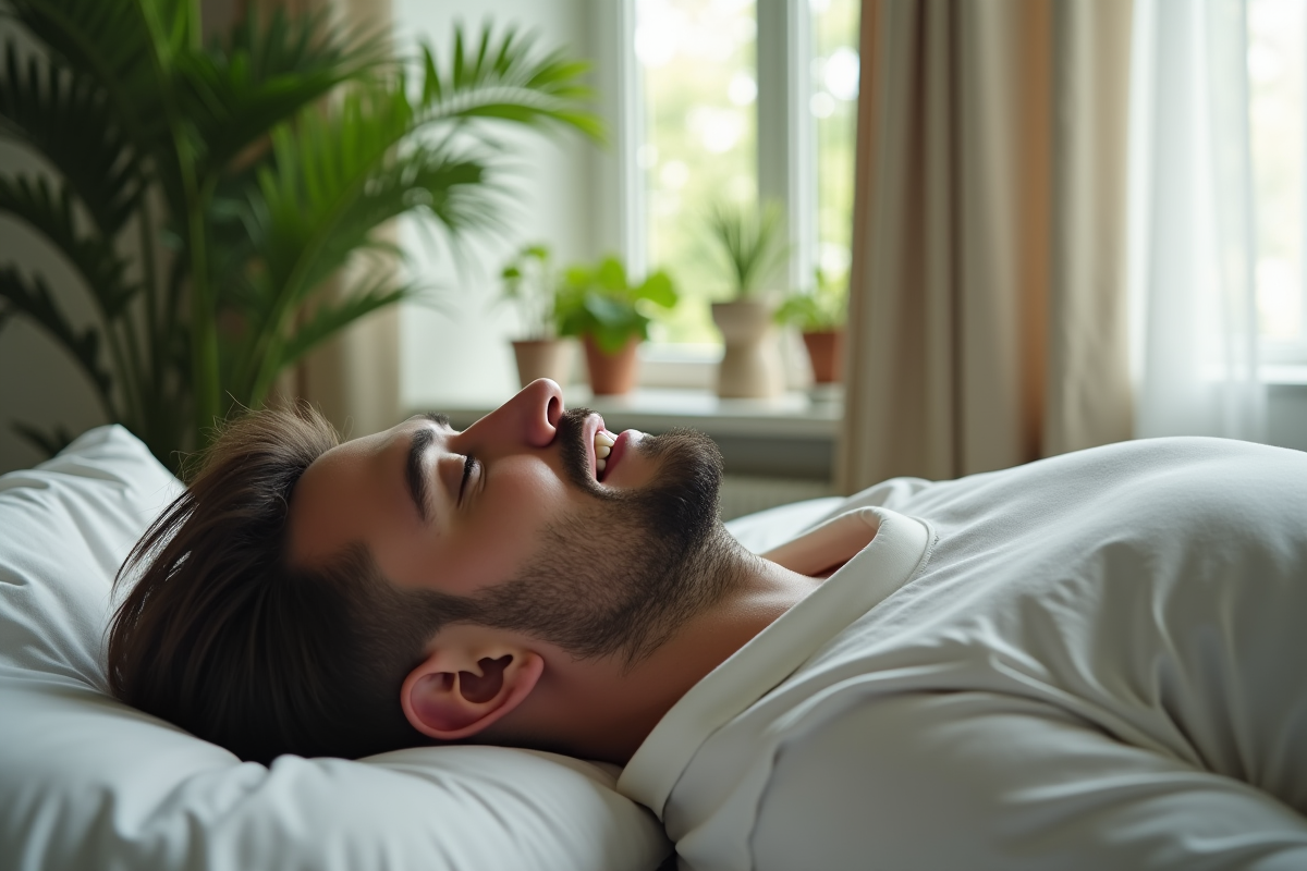 Homme souriant dormant dans une chambre moderne et apaisante