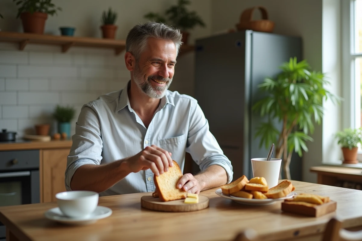 Homme jeune tartinant du beurre sur du pain complet