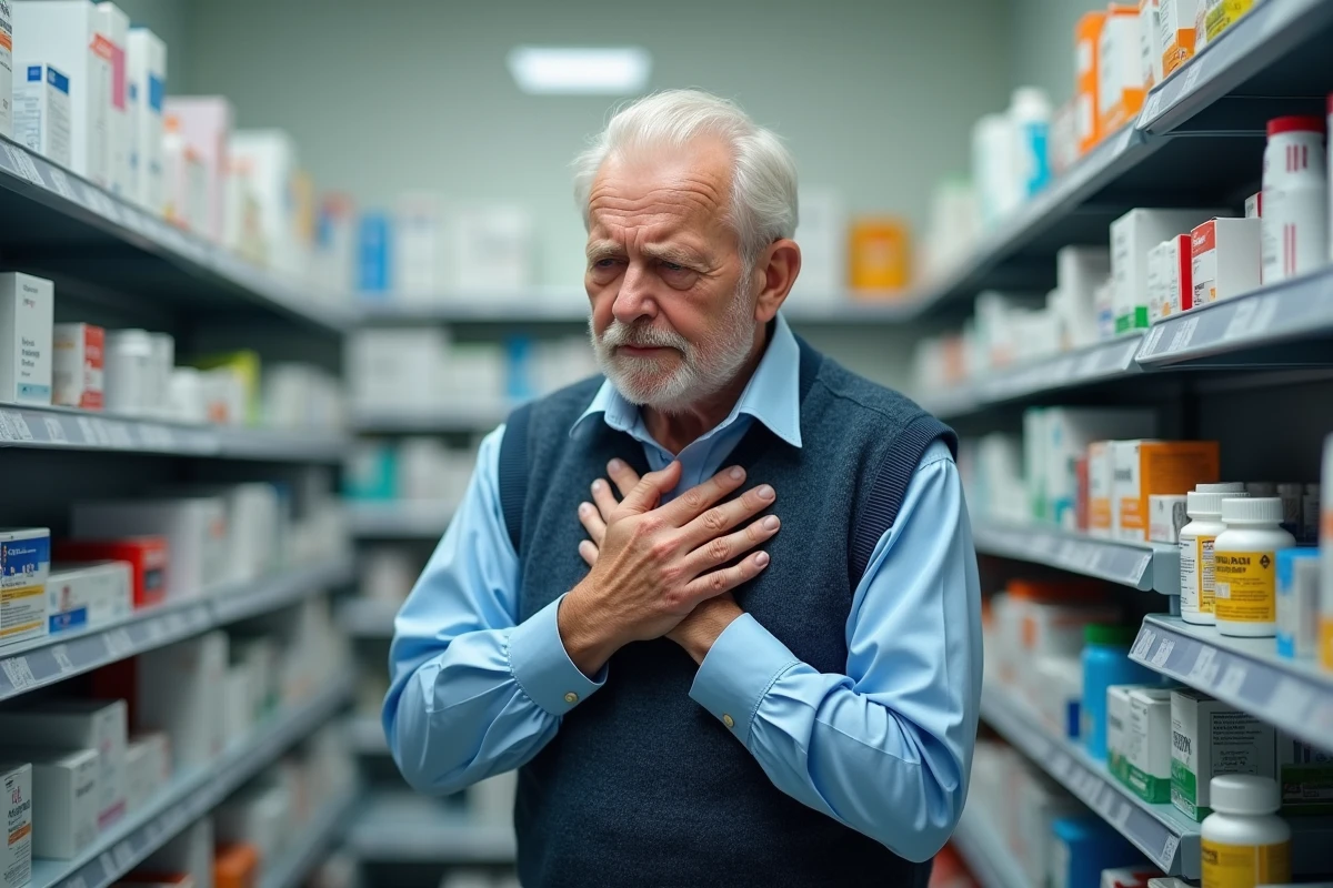 Homme âgé dans une pharmacie en train de tousser