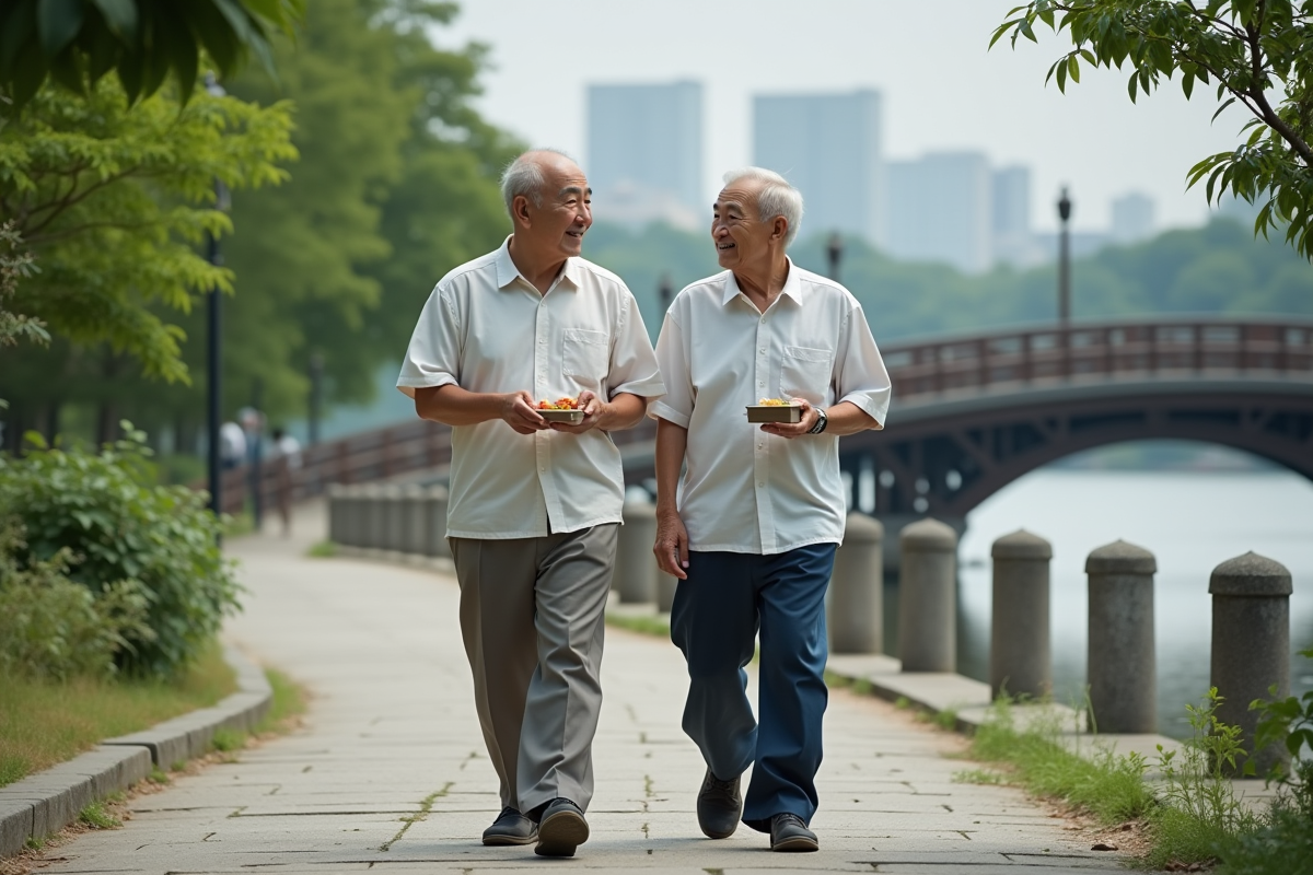 Deux hommes japonais âgés marchant au bord de la rivière