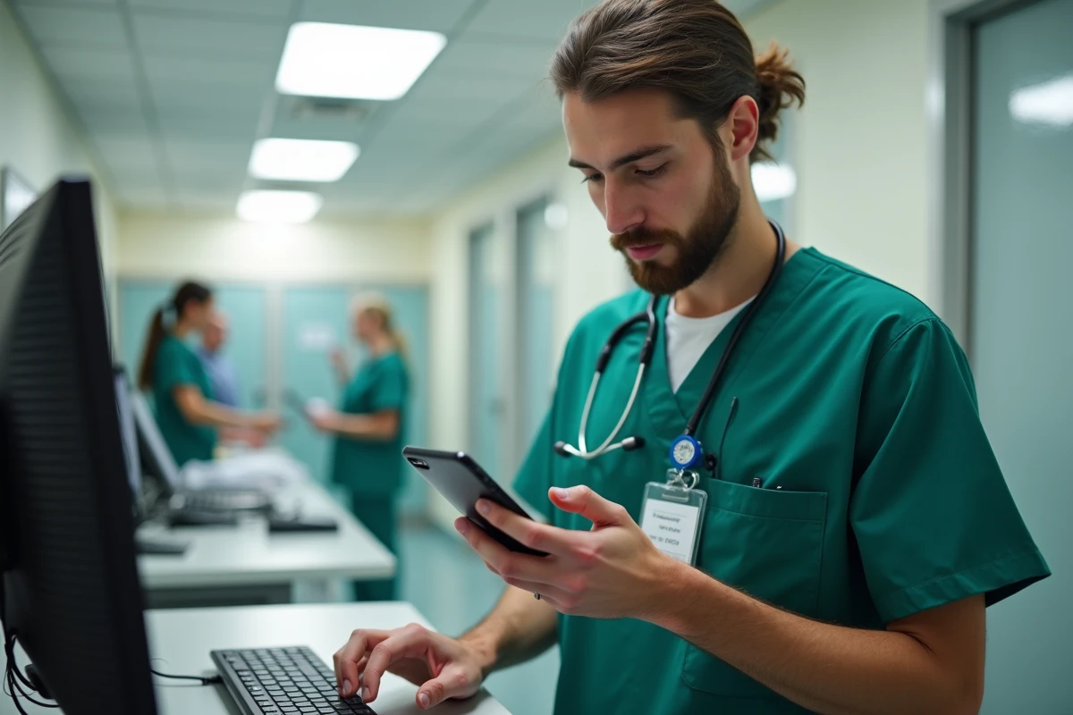 Infirmier en blouse verte saisissant un code d'authentification à deux facteurs sur smartphone au poste de soins d'un CHU