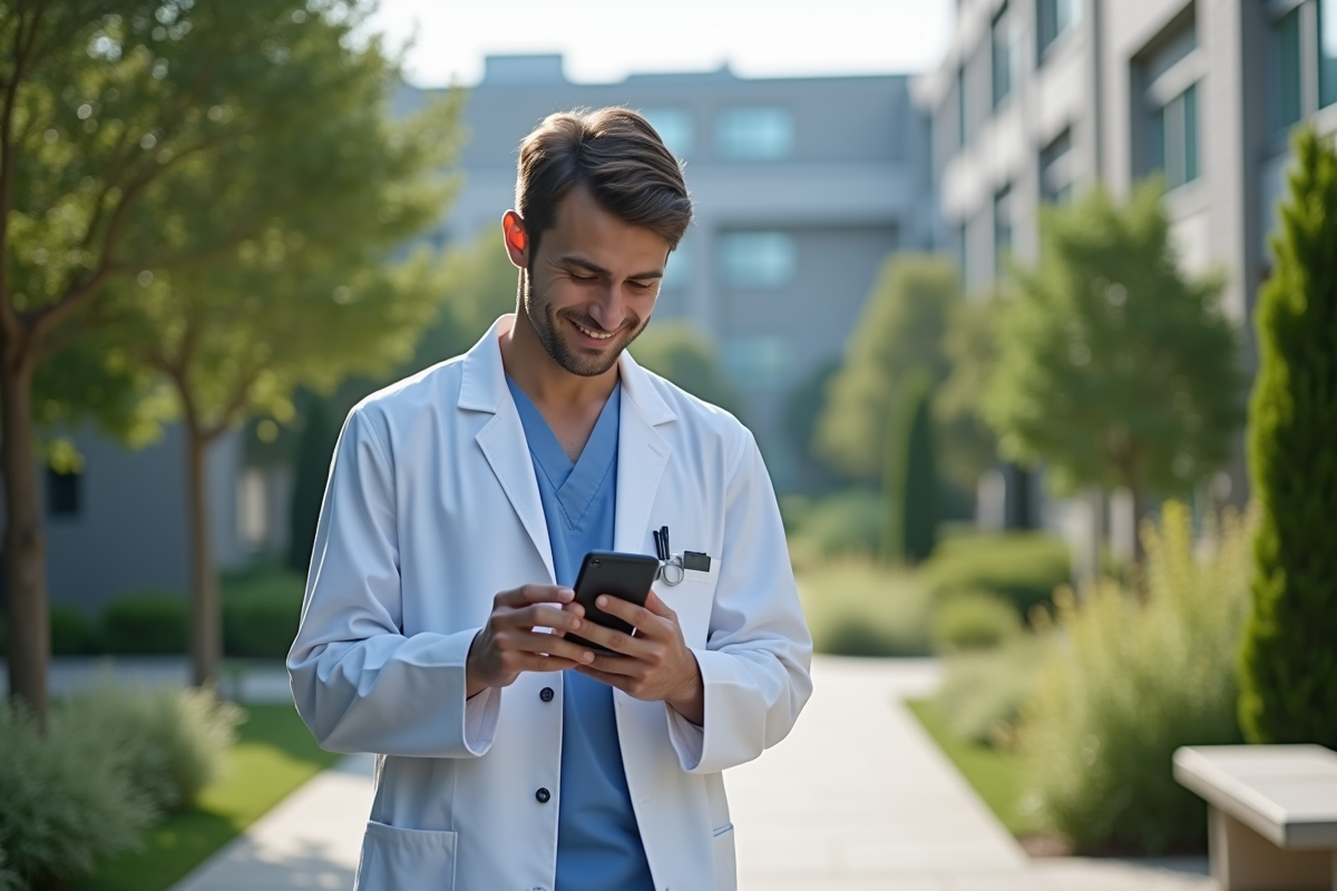 Jeune infirmier lisant une citation dans un jardin hospitalier