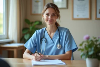 Infirmière aide en entretien dans un bureau d'ehpad