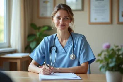 Infirmière aide en entretien dans un bureau d'ehpad