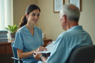 Infirmière utilisant un formulaire d'évaluation Hamilton lors d'un bilan avec un patient âgé en milieu hospitalier