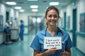 Infirmière en blouse hospitalière souriante avec un carnet