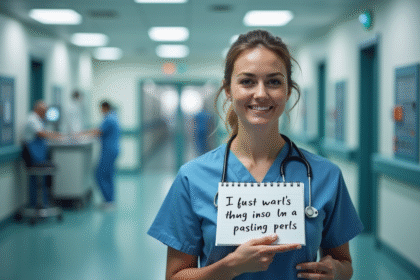 Infirmière en blouse hospitalière souriante avec un carnet