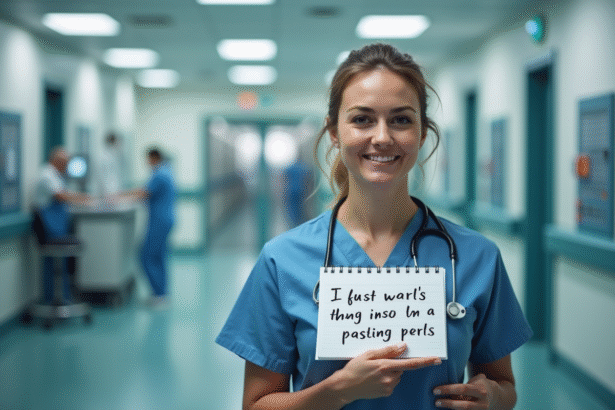 Infirmière en blouse hospitalière souriante avec un carnet