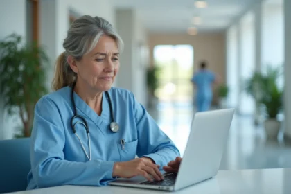 Infirmière face à une erreur de connexion réseau sur un ordinateur en établissement de soins