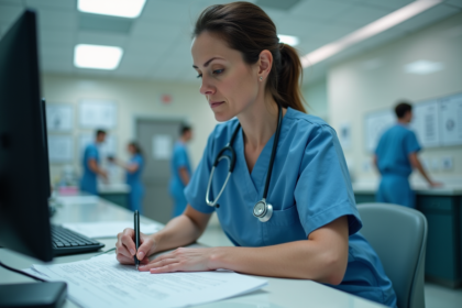 Infirmière en blouse de travail dans un hôpital en train de remplir un rapport
