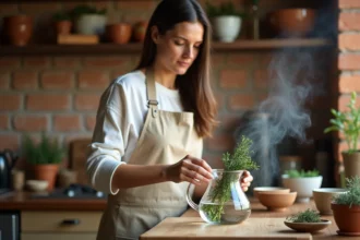Femme préparant une infusion de thym frais dans une théière en verre sur un plan de travail en bois rustique