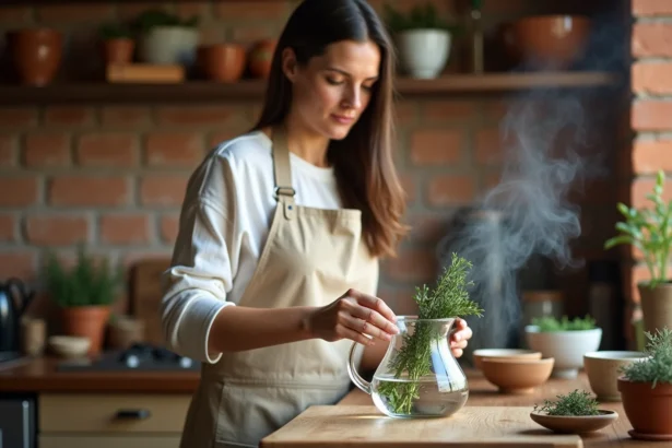 Femme préparant une infusion de thym frais dans une théière en verre sur un plan de travail en bois rustique