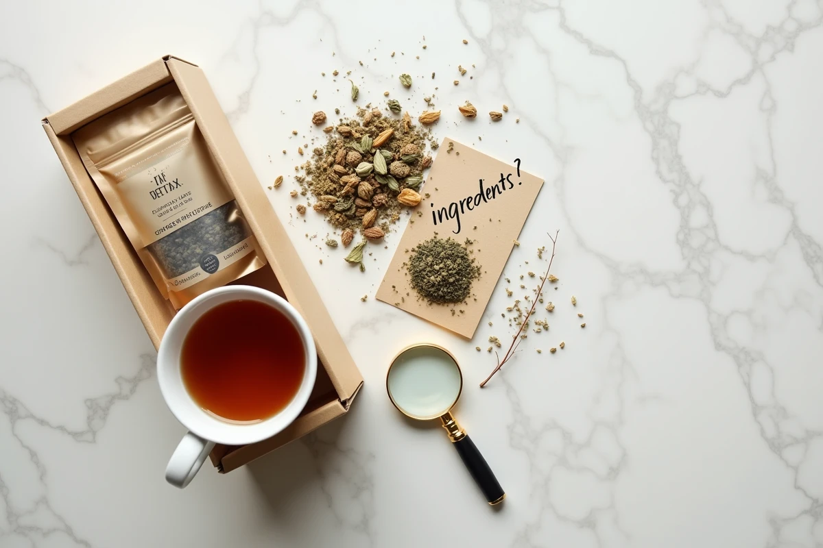 Vue aérienne d'une tisane détox aux herbes avec ingrédients séchés et loupe, analyse des composants d'un thé minceur potentiellement dangereux