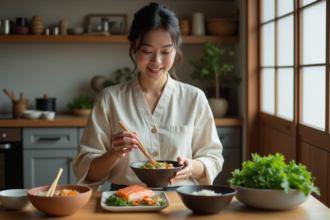 Femme japonaise en cuisine préparant un repas équilibré