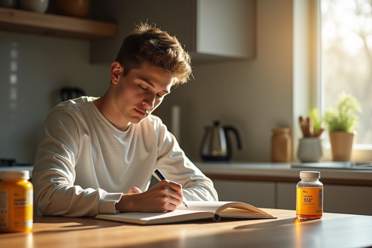 Jeune adulte lisant un livre dans une cuisine lumineuse