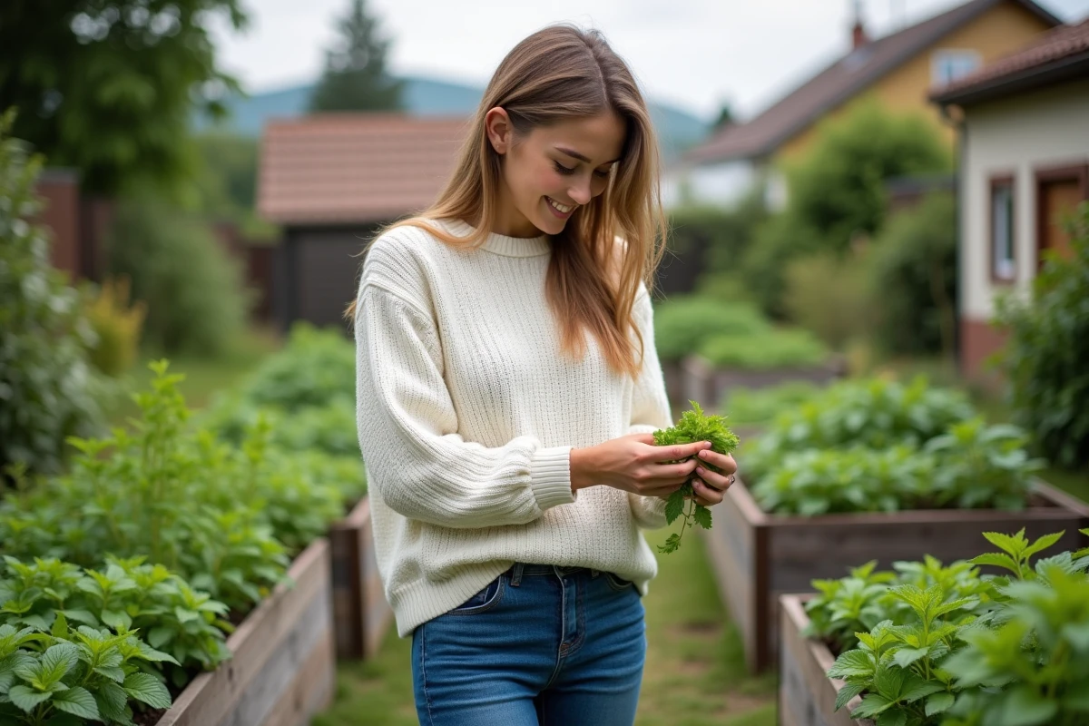 Jeune femme récoltant des feuilles de menthe dans un jardin