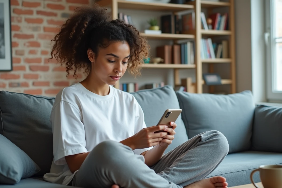 Jeune femme utilisant Laboconnect sur smartphone pour suivre ses examens biologiques