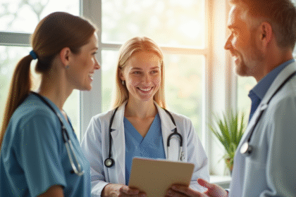 Jeune femme souriante dans un cabinet médical lumineux