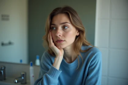 Jeune femme en réflexion dans son bain avec un pull bleu