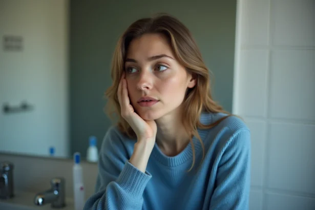 Jeune femme en réflexion dans son bain avec un pull bleu