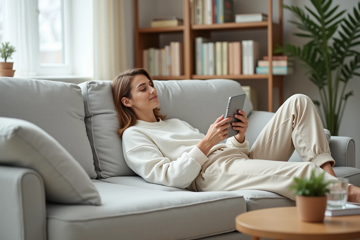 Jeune femme lisant un article sur la santé mentale sur une tablette, allongée confortablement dans son salon