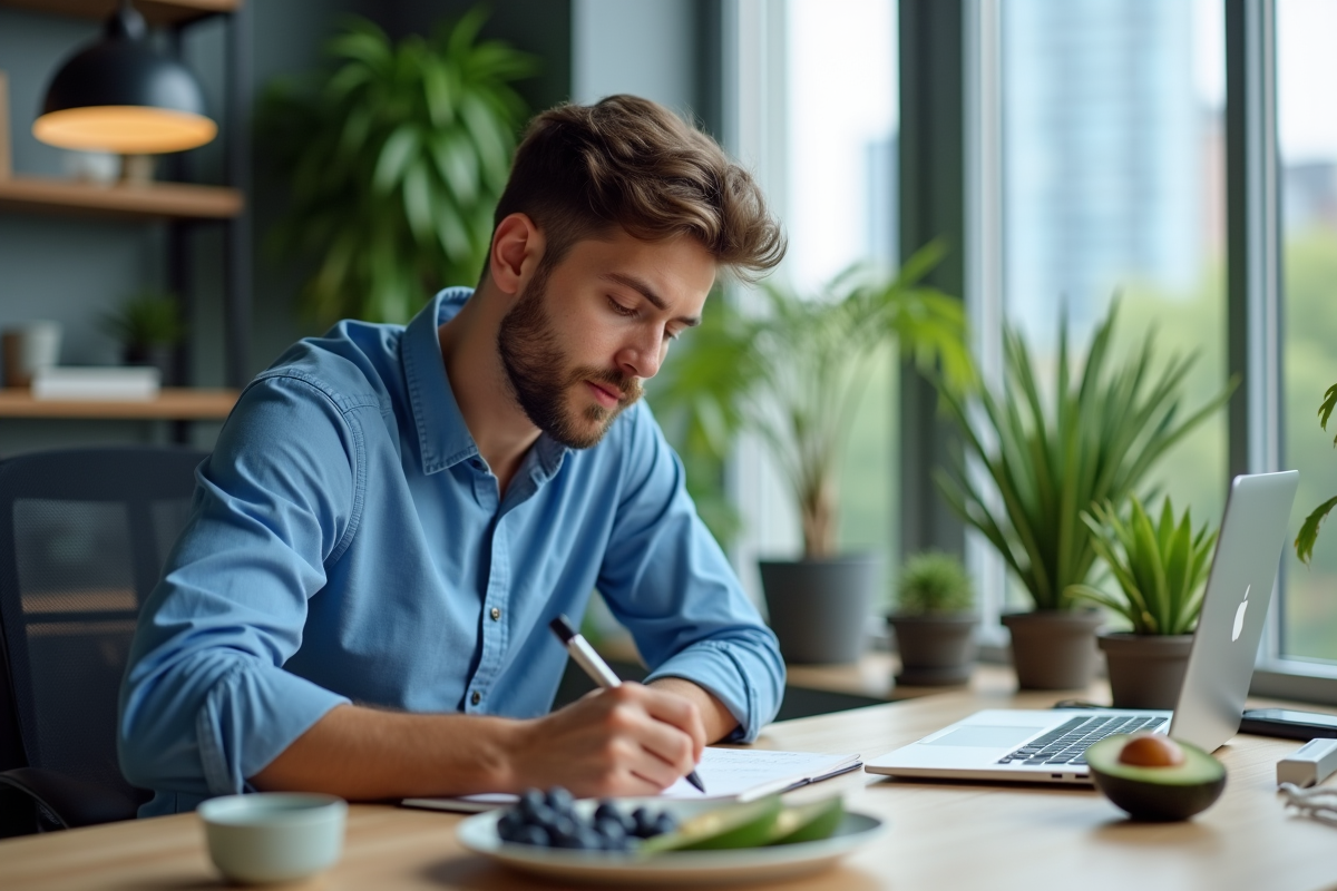 Jeune homme au bureau avec aliments sains